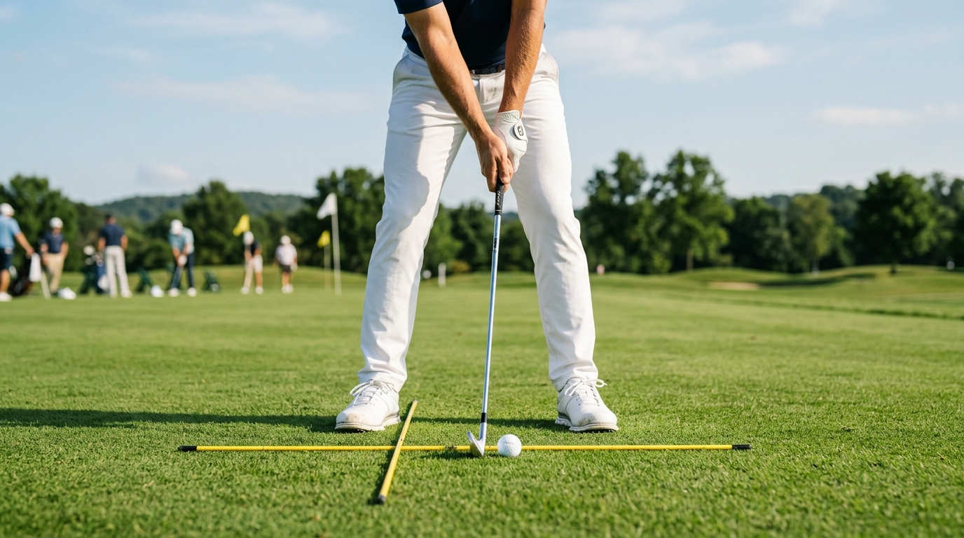 Golf ball position guide on practice turf